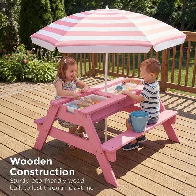 Alt view image 5 of 7 - Kids Picnic Table with Umbrella, 3-in-1 Sand & Water Table, Outdoor Convertible Picnic Table for Toddlers, Seats 4, Removable Top, 2 Buckets - Pink