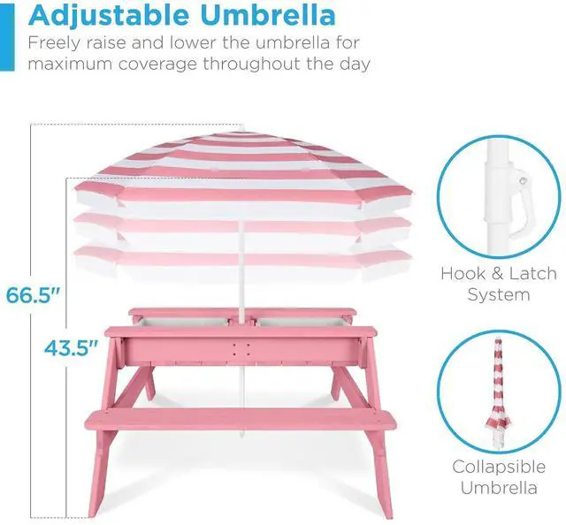 Alt view image 6 of 7 - Kids Picnic Table with Umbrella, 3-in-1 Sand & Water Table, Outdoor Convertible Picnic Table for Toddlers, Seats 4, Removable Top, 2 Buckets - Pink