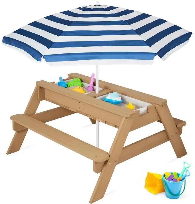 Main image of Kids Picnic Table with Umbrella, 3-in-1 Sand & Water Table, Outdoor Convertible Picnic Table for Toddlers, Seats 4, Removable Top, 2 Buckets - Navy