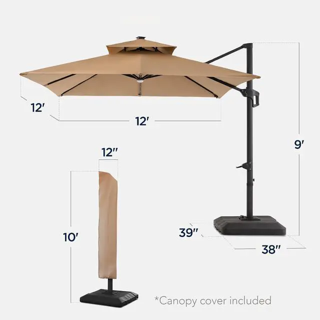 Alt view image 2 of 7 - 12x12ft LED Cantilever Patio Umbrella w/Base Included & 360° Rotation, Large Solar Offset Hanging Outdoor Sun Shade for Deck, Backyard Table w/Stand & Lights Tan