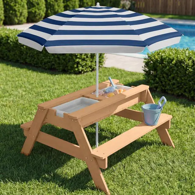 Alt view image 2 of 7 - Kids Picnic Table with Umbrella, 3-in-1 Sand & Water Table, Outdoor Convertible Picnic Table for Toddlers, Seats 4, Removable Top, 2 Buckets - Navy