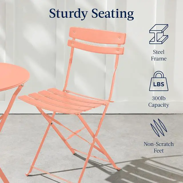 Alt view image 7 of 7 - 3-Piece Bistro Set, Space Saving Folding Design, Solid Steel, Outdoor Patio Furniture Set w/ 2 Chairs, Bistro Table - Coral