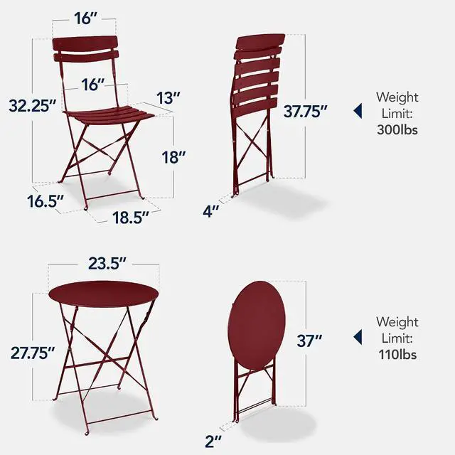 Alt view image 2 of 7 - 3-Piece Bistro Set, Space Saving Folding Design, Solid Steel, Outdoor Patio Furniture Set w/ 2 Chairs, Bistro Table - Burgundy