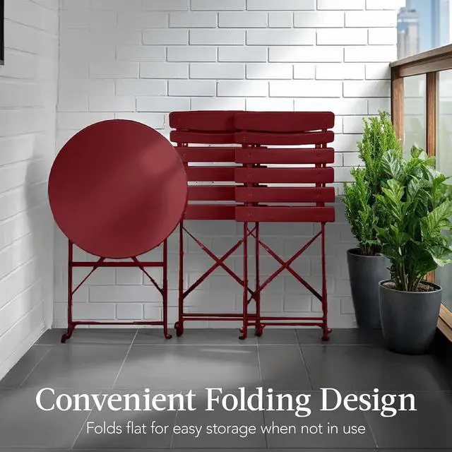 Alt view image 5 of 7 - 3-Piece Bistro Set, Space Saving Folding Design, Solid Steel, Outdoor Patio Furniture Set w/ 2 Chairs, Bistro Table - Burgundy