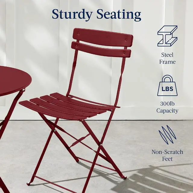 Alt view image 7 of 7 - 3-Piece Bistro Set, Space Saving Folding Design, Solid Steel, Outdoor Patio Furniture Set w/ 2 Chairs, Bistro Table - Burgundy