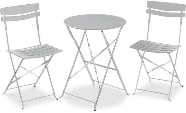 Main image of 3-Piece Bistro Set, Space Saving Folding Design, Solid Steel, Outdoor Patio Furniture Set w/ 2 Chairs, Bistro Table - Gray