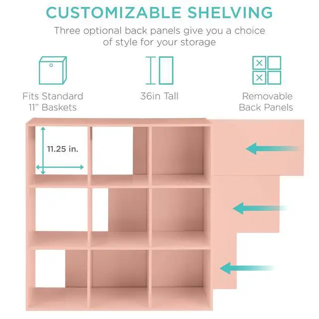 Alt view image 3 of 7 - Best Choice Products Kids Bookcase 9-Cube Storage Organizer, 11in Shelf Opening, Bookshelf, Toy Storage, Customizable w/ 3 Removable Back Panels Light Pink