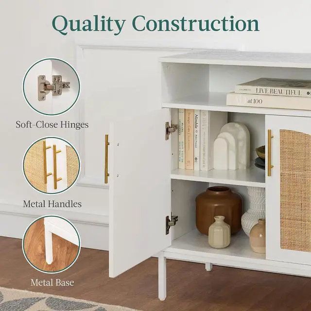 Alt view image 7 of 7 - Rattan Sideboard Buffet Cabinet, Entryway Table, Accent Storage Cabinet, Console Table for Hallway, Living Room, Dining Room - White