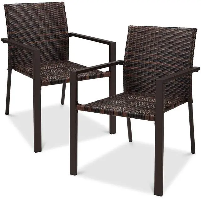 Main image of Set of 2 Stackable Outdoor Wicker Dining Chairs All-Weather Firepit Armchair w/Armrests, Steel Frame for Patio, Deck, Garden, Yard - Brown