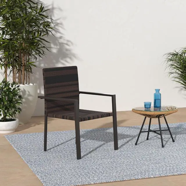 Alt view image 2 of 7 - Set of 2 Stackable Outdoor Wicker Dining Chairs All-Weather Firepit Armchair w/Armrests, Steel Frame for Patio, Deck, Garden, Yard - Brown