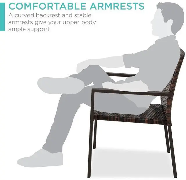 Alt view image 6 of 7 - Set of 2 Stackable Outdoor Wicker Dining Chairs All-Weather Firepit Armchair w/Armrests, Steel Frame for Patio, Deck, Garden, Yard - Brown