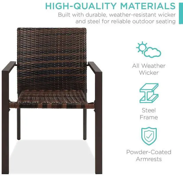 Alt view image 4 of 7 - Set of 2 Stackable Outdoor Wicker Dining Chairs All-Weather Firepit Armchair w/Armrests, Steel Frame for Patio, Deck, Garden, Yard - Brown