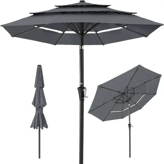 Main image of 10ft 3-Tier Market Patio Umbrella, Outdoor Sun Shade with Tilt, Crank Lift, 8 Ribs for Backyard, Deck, Poolside Slate