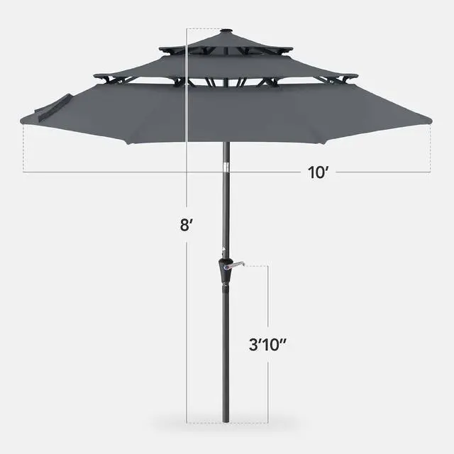 Alt view image 2 of 7 - 10ft 3-Tier Market Patio Umbrella, Outdoor Sun Shade with Tilt, Crank Lift, 8 Ribs for Backyard, Deck, Poolside Slate