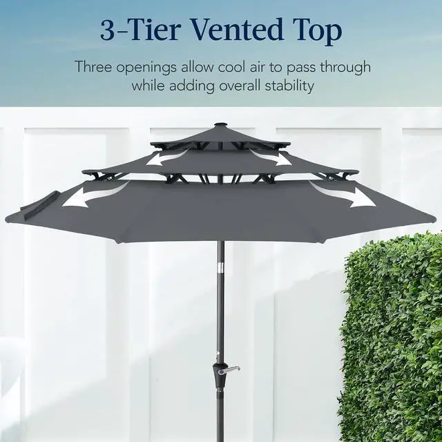 Alt view image 3 of 7 - 10ft 3-Tier Market Patio Umbrella, Outdoor Sun Shade with Tilt, Crank Lift, 8 Ribs for Backyard, Deck, Poolside Slate