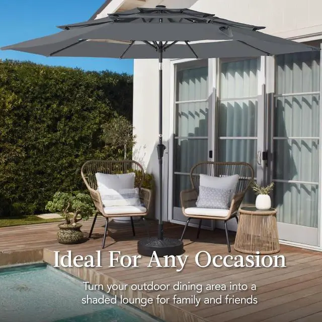 Alt view image 4 of 7 - 10ft 3-Tier Market Patio Umbrella, Outdoor Sun Shade with Tilt, Crank Lift, 8 Ribs for Backyard, Deck, Poolside Slate