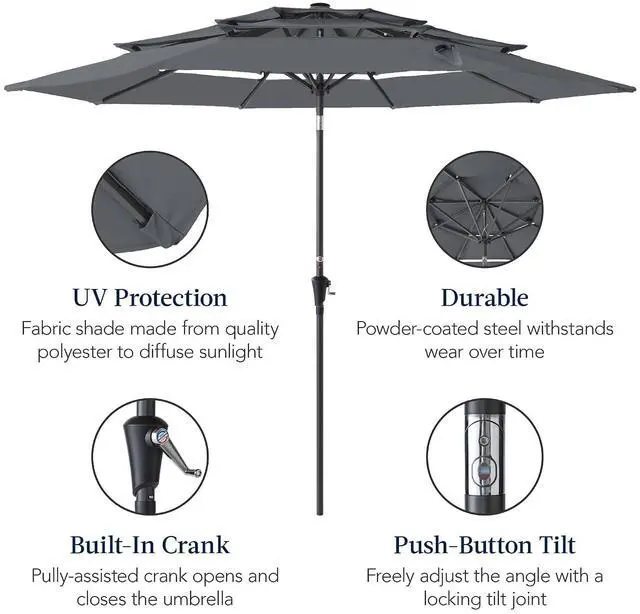 Alt view image 6 of 7 - 10ft 3-Tier Market Patio Umbrella, Outdoor Sun Shade with Tilt, Crank Lift, 8 Ribs for Backyard, Deck, Poolside Slate