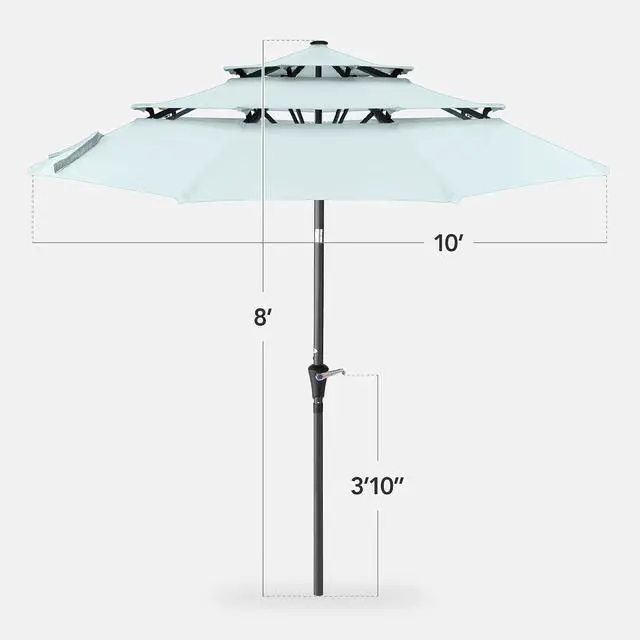 Alt view image 2 of 7 - 10ft 3-Tier Market Patio Umbrella, Outdoor Sun Shade with Tilt, Crank Lift, 8 Ribs for Backyard, Deck, Poolside Baby Blue