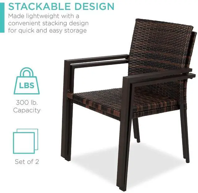 Alt view image 5 of 7 - Set of 2 Stackable Outdoor Wicker Dining Chairs All-Weather Firepit Armchair w/Armrests, Steel Frame for Patio, Deck, Garden, Yard - Brown