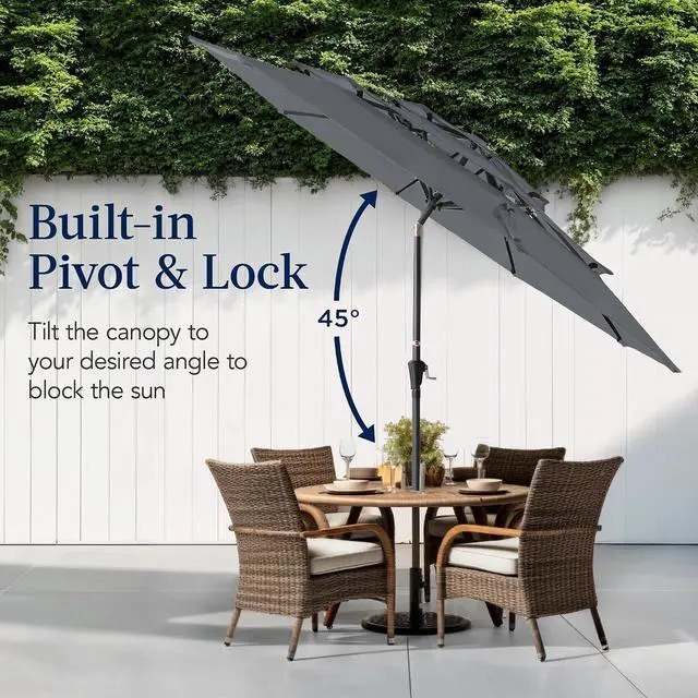 Alt view image 5 of 7 - 10ft 3-Tier Market Patio Umbrella, Outdoor Sun Shade with Tilt, Crank Lift, 8 Ribs for Backyard, Deck, Poolside Slate