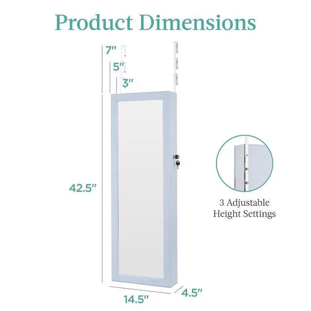 Alt view image 7 of 7 - LED Mirror Jewelry Cabinet, Tall Lockable Wall or Door Mounted Jewelry Armoire Organizer with Mirror, 2 Drawers, Lock, Cosmetic Tray, Shelves - Powder Blue