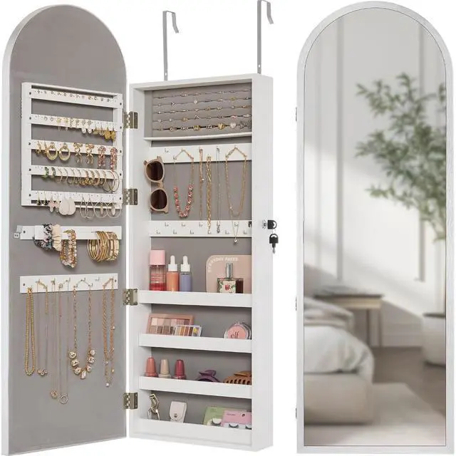 Main image of Arch Mirror Jewelry Cabinet, Jewelry Storage Organizer, Armoire, Lockable Wall or Door Mountable, Full-Length Mirror - Silver