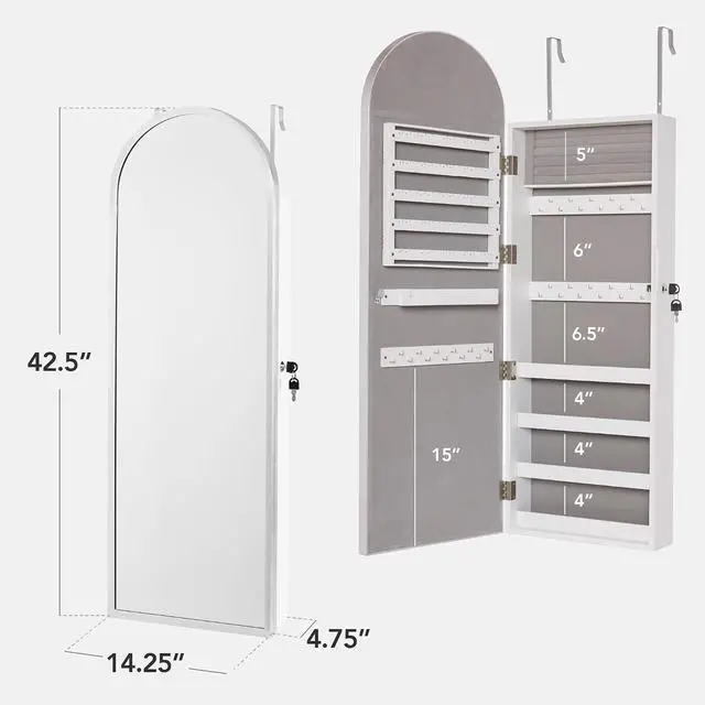 Alt view image 2 of 7 - Arch Mirror Jewelry Cabinet, Jewelry Storage Organizer, Armoire, Lockable Wall or Door Mountable, Full-Length Mirror - Silver
