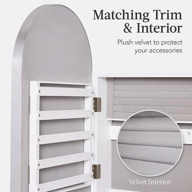 Alt view image 4 of 7 - Arch Mirror Jewelry Cabinet, Jewelry Storage Organizer, Armoire, Lockable Wall or Door Mountable, Full-Length Mirror - Silver