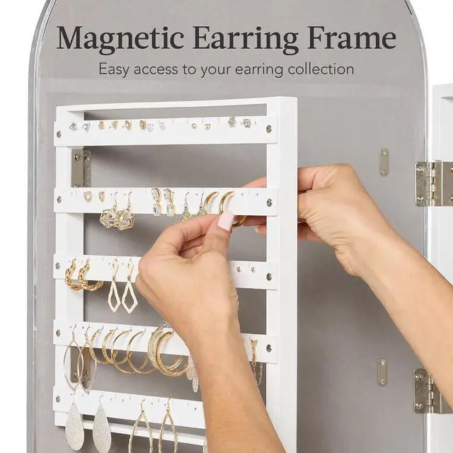 Alt view image 6 of 7 - Arch Mirror Jewelry Cabinet, Jewelry Storage Organizer, Armoire, Lockable Wall or Door Mountable, Full-Length Mirror - Silver