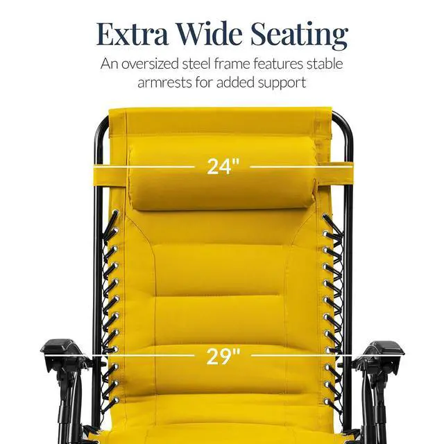 Alt view image 3 of 7 - Oversized Padded Zero Gravity Chair, Folding Outdoor Patio Recliner, XL Anti Gravity Lounger for Backyard w/Headrest, Cup Holder, Side Tray, Polyester Mesh - Yellow