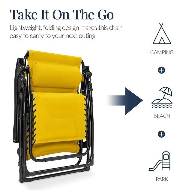 Alt view image 5 of 7 - Oversized Padded Zero Gravity Chair, Folding Outdoor Patio Recliner, XL Anti Gravity Lounger for Backyard w/Headrest, Cup Holder, Side Tray, Polyester Mesh - Yellow