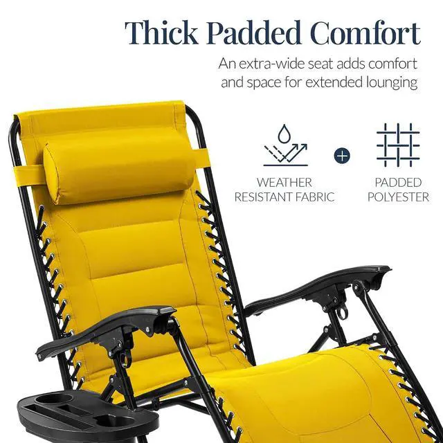 Alt view image 4 of 7 - Oversized Padded Zero Gravity Chair, Folding Outdoor Patio Recliner, XL Anti Gravity Lounger for Backyard w/Headrest, Cup Holder, Side Tray, Polyester Mesh - Yellow