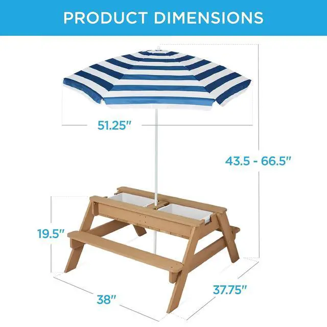 Alt view image 3 of 7 - Kids Picnic Table with Umbrella, 3-in-1 Sand & Water Table, Outdoor Convertible Picnic Table for Toddlers, Seats 4, Removable Top, 2 Buckets - Navy