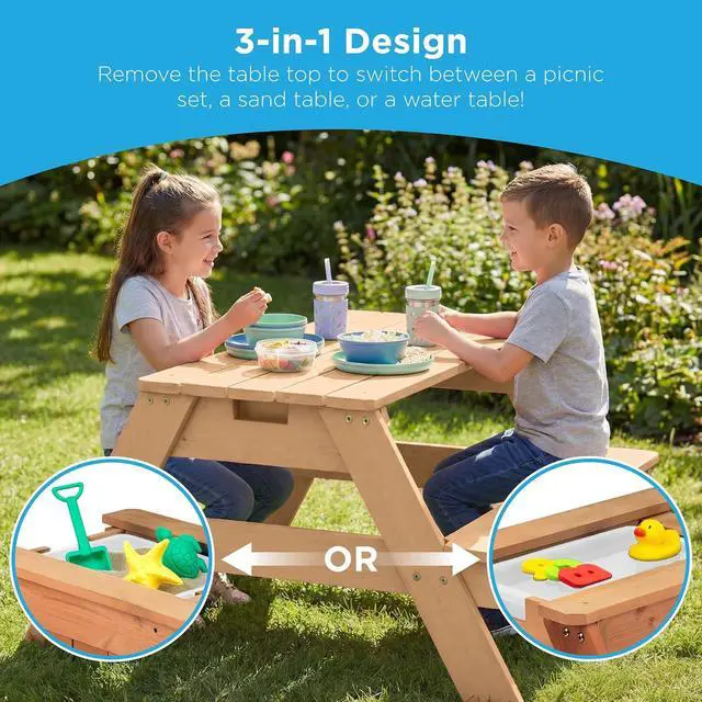 Alt view image 4 of 7 - Kids Picnic Table with Umbrella, 3-in-1 Sand & Water Table, Outdoor Convertible Picnic Table for Toddlers, Seats 4, Removable Top, 2 Buckets - Navy