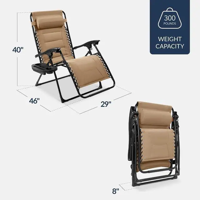 Alt view image 2 of 7 - Oversized Padded Zero Gravity Chair, Folding Outdoor Patio Recliner, XL Anti Gravity Lounger for Backyard w/Headrest, Cup Holder, Side Tray, Polyester Mesh - Beige