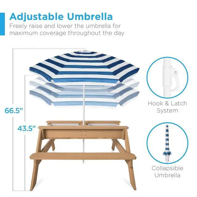 Alt view image 6 of 7 - Kids Picnic Table with Umbrella, 3-in-1 Sand & Water Table, Outdoor Convertible Picnic Table for Toddlers, Seats 4, Removable Top, 2 Buckets - Navy
