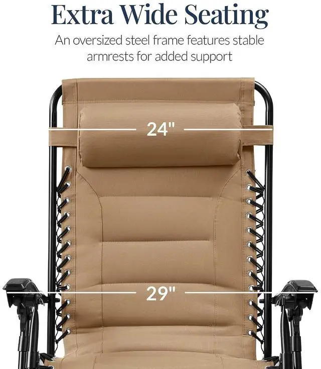 Alt view image 3 of 7 - Oversized Padded Zero Gravity Chair, Folding Outdoor Patio Recliner, XL Anti Gravity Lounger for Backyard w/Headrest, Cup Holder, Side Tray, Polyester Mesh - Beige