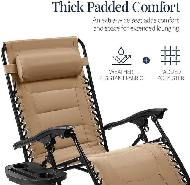 Alt view image 4 of 7 - Oversized Padded Zero Gravity Chair, Folding Outdoor Patio Recliner, XL Anti Gravity Lounger for Backyard w/Headrest, Cup Holder, Side Tray, Polyester Mesh - Beige