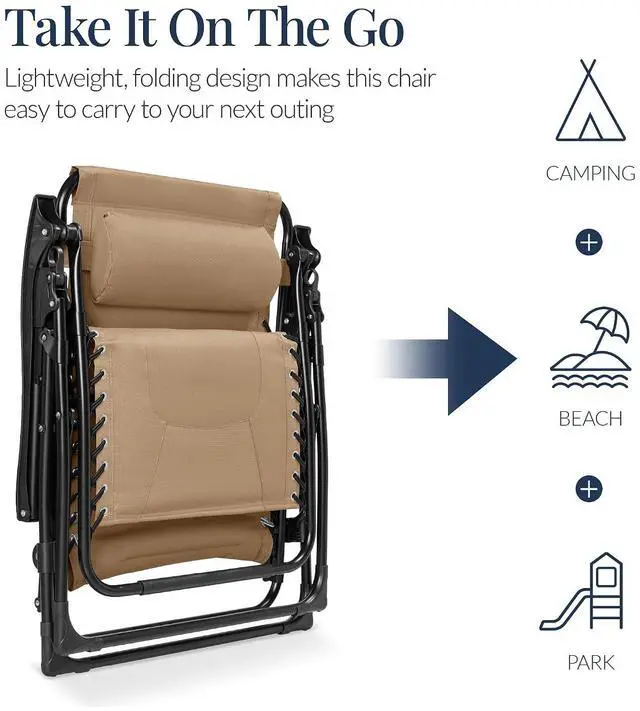 Alt view image 5 of 7 - Oversized Padded Zero Gravity Chair, Folding Outdoor Patio Recliner, XL Anti Gravity Lounger for Backyard w/Headrest, Cup Holder, Side Tray, Polyester Mesh - Beige