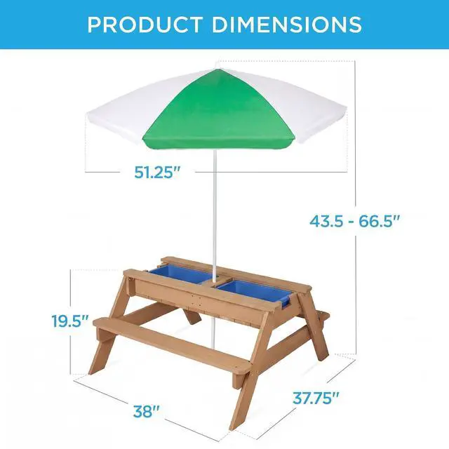 Alt view image 3 of 7 - Kids 3-in-1 Sand & Water Table, Wood Outdoor Convertible Picnic Table w/Umbrella, 2 Trays, Removable Top - Green