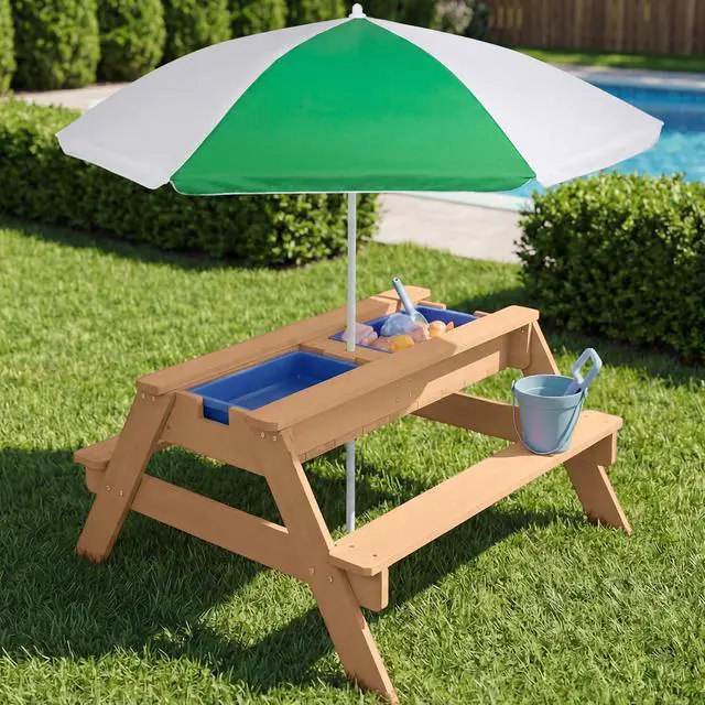 Alt view image 2 of 7 - Kids 3-in-1 Sand & Water Table, Wood Outdoor Convertible Picnic Table w/Umbrella, 2 Trays, Removable Top - Green