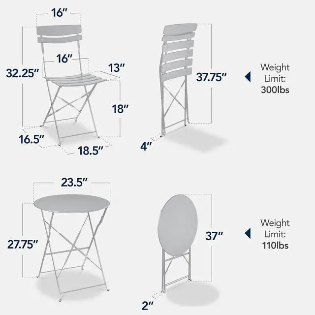 Alt view image 2 of 7 - 3-Piece Bistro Set, Space Saving Folding Design, Solid Steel, Outdoor Patio Furniture Set w/ 2 Chairs, Bistro Table - Gray