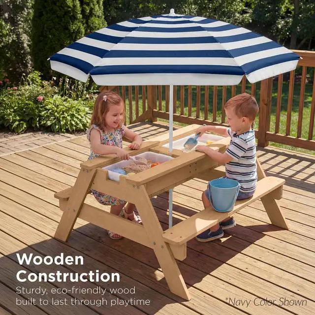 Alt view image 5 of 7 - Kids 3-in-1 Sand & Water Table, Wood Outdoor Convertible Picnic Table w/Umbrella, 2 Trays, Removable Top - Green