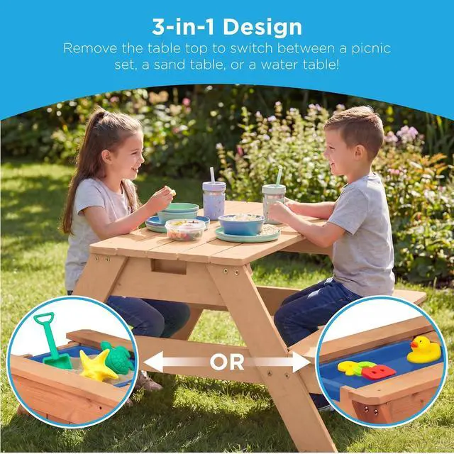Alt view image 4 of 7 - Kids 3-in-1 Sand & Water Table, Wood Outdoor Convertible Picnic Table w/Umbrella, 2 Trays, Removable Top - Green