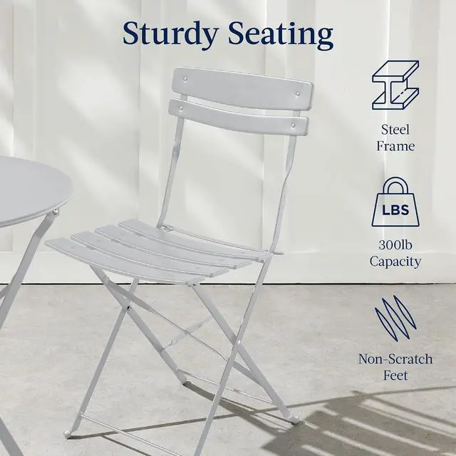 Alt view image 7 of 7 - 3-Piece Bistro Set, Space Saving Folding Design, Solid Steel, Outdoor Patio Furniture Set w/ 2 Chairs, Bistro Table - Gray