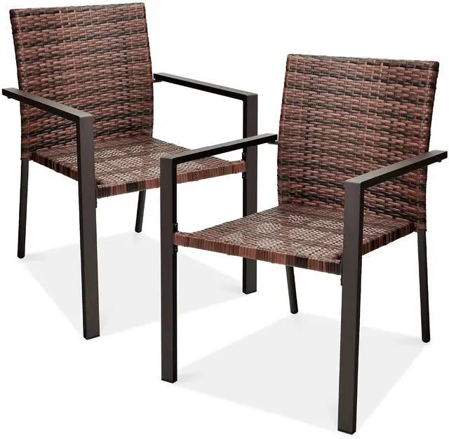 Main image of Set of 2 Stackable Outdoor Wicker Dining Chairs All-Weather Firepit Armchair w/Armrests, Steel Frame for Patio, Deck, Garden, Yard - Light Brown