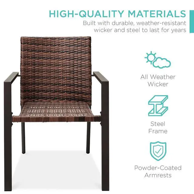 Alt view image 3 of 7 - Set of 2 Stackable Outdoor Wicker Dining Chairs All-Weather Firepit Armchair w/Armrests, Steel Frame for Patio, Deck, Garden, Yard - Light Brown