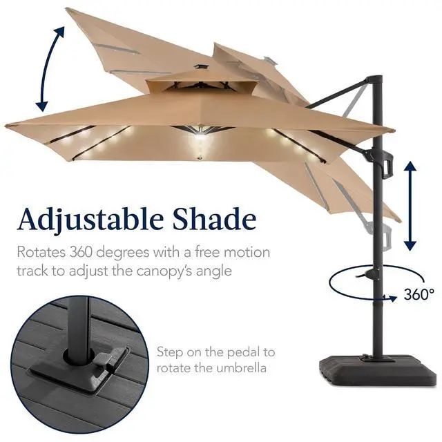 Alt view image 5 of 7 - 12x12ft LED Cantilever Patio Umbrella w/Base Included & 360° Rotation, Large Solar Offset Hanging Outdoor Sun Shade for Deck, Backyard Table w/Stand & Lights Tan