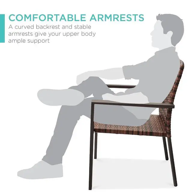Alt view image 5 of 7 - Set of 2 Stackable Outdoor Wicker Dining Chairs All-Weather Firepit Armchair w/Armrests, Steel Frame for Patio, Deck, Garden, Yard - Light Brown