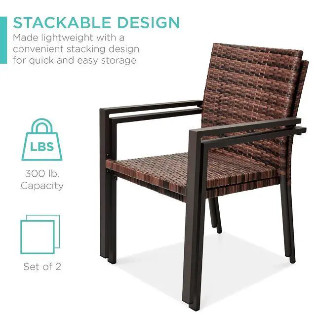 Alt view image 4 of 7 - Set of 2 Stackable Outdoor Wicker Dining Chairs All-Weather Firepit Armchair w/Armrests, Steel Frame for Patio, Deck, Garden, Yard - Light Brown